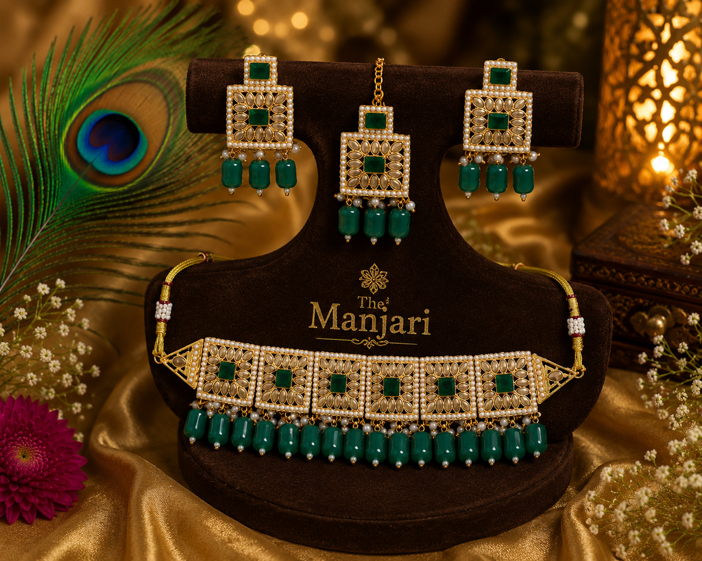 Green Pearl & Kundan Necklace Set | Ethnic Jewellery for Women