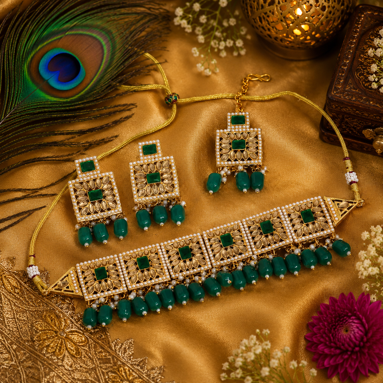Green Pearl & Kundan Necklace Set | Ethnic Jewellery for Women