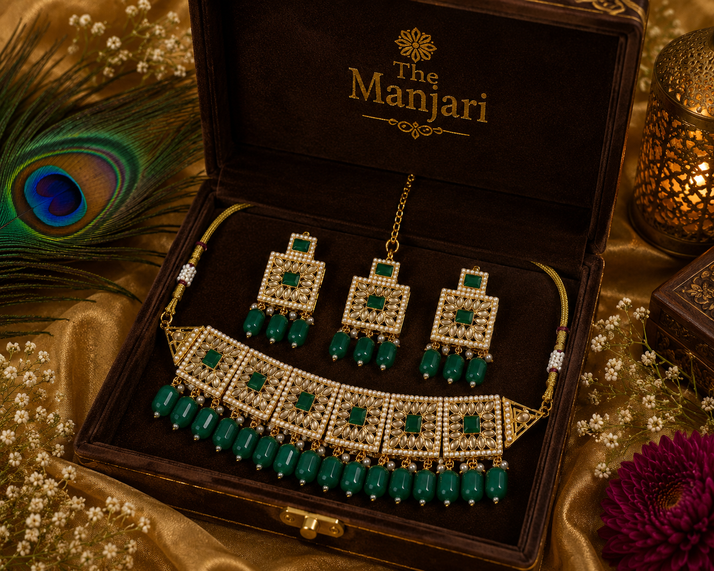 Green Pearl & Kundan Necklace Set | Ethnic Jewellery for Women