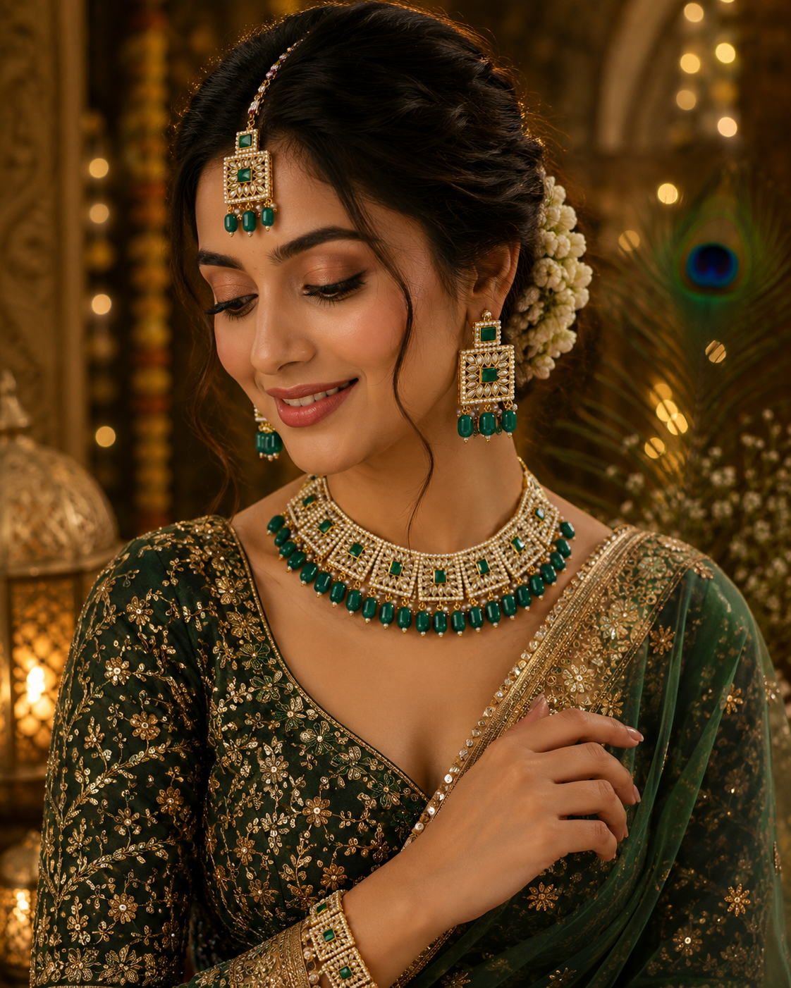 Green Pearl & Kundan Necklace Set | Ethnic Jewellery for Women