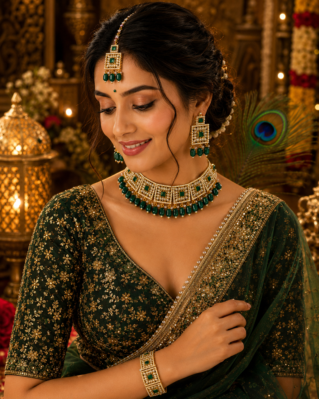 Green Pearl & Kundan Necklace Set | Ethnic Jewellery for Women