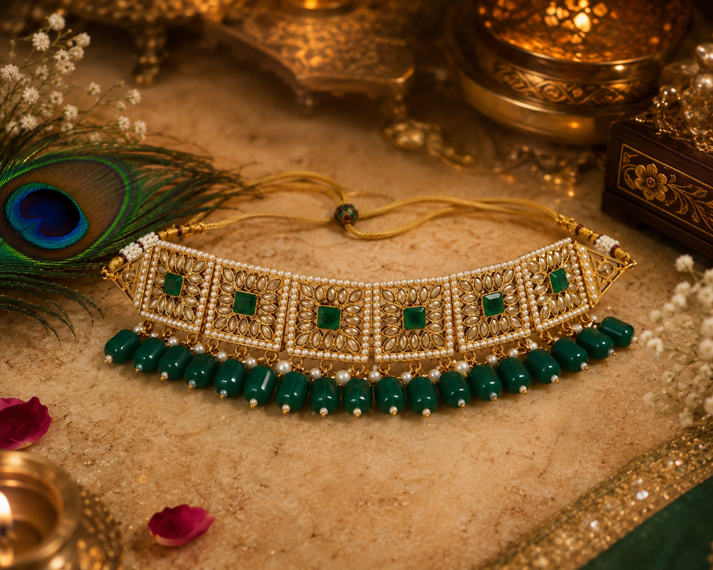 Green Pearl & Kundan Necklace Set | Ethnic Jewellery for Women