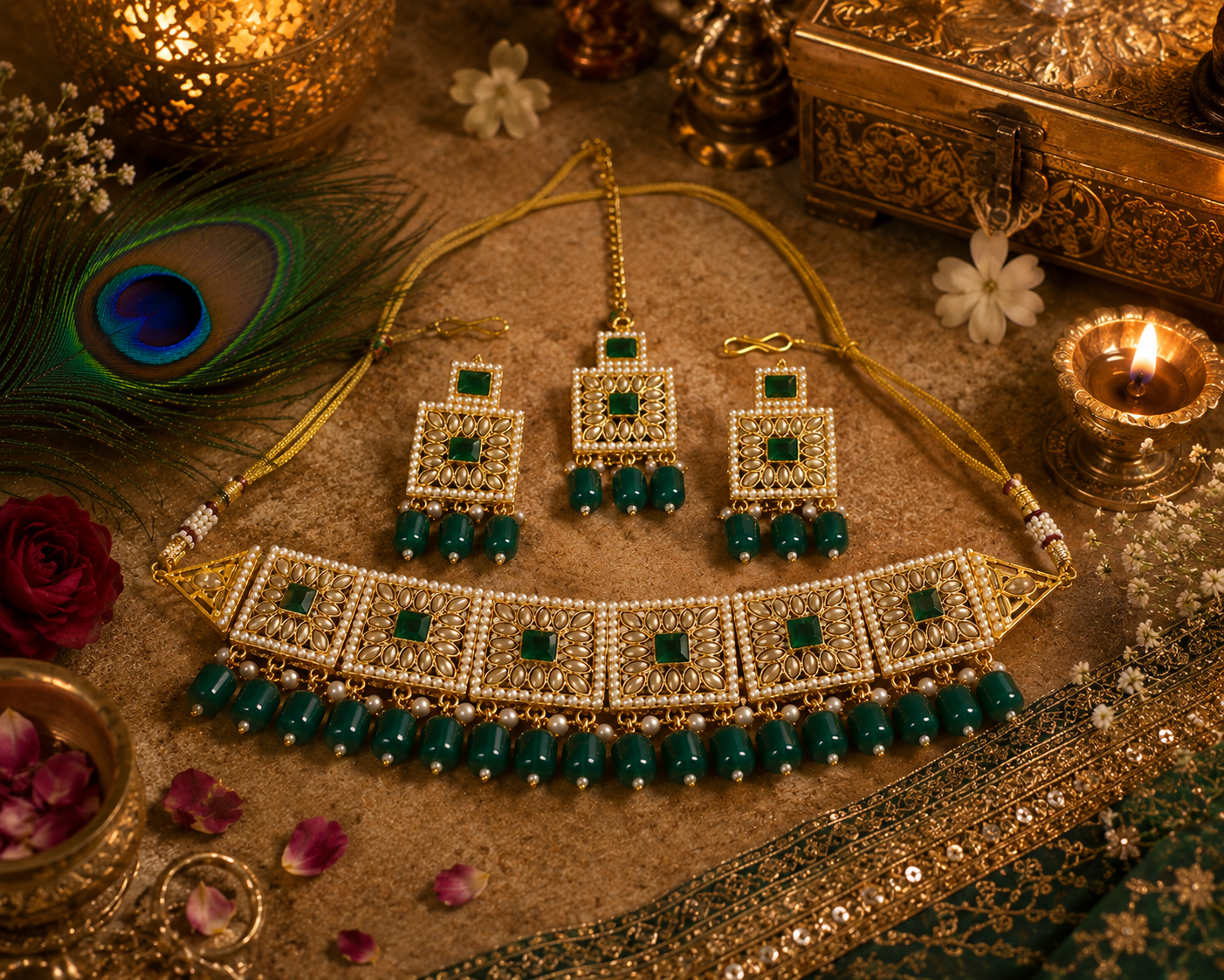 Green Pearl & Kundan Necklace Set | Ethnic Jewellery for Women