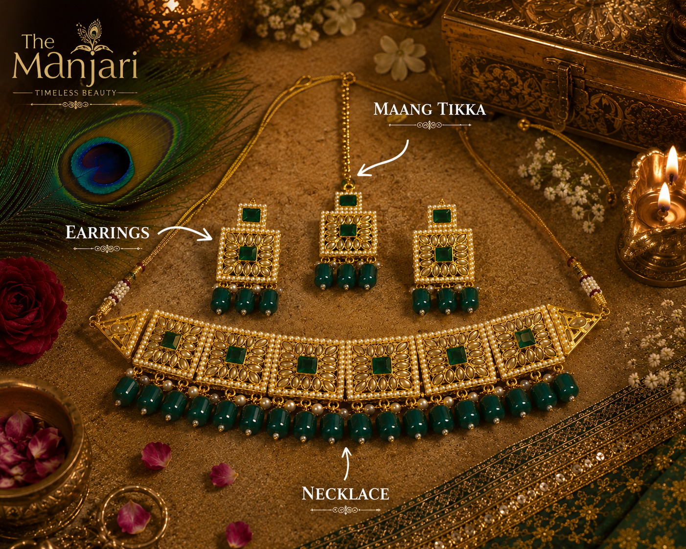 Green Pearl & Kundan Necklace Set | Ethnic Jewellery for Women