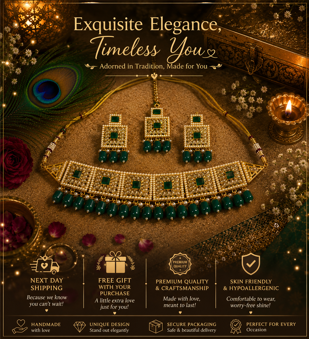 Green Pearl & Kundan Necklace Set | Ethnic Jewellery for Women