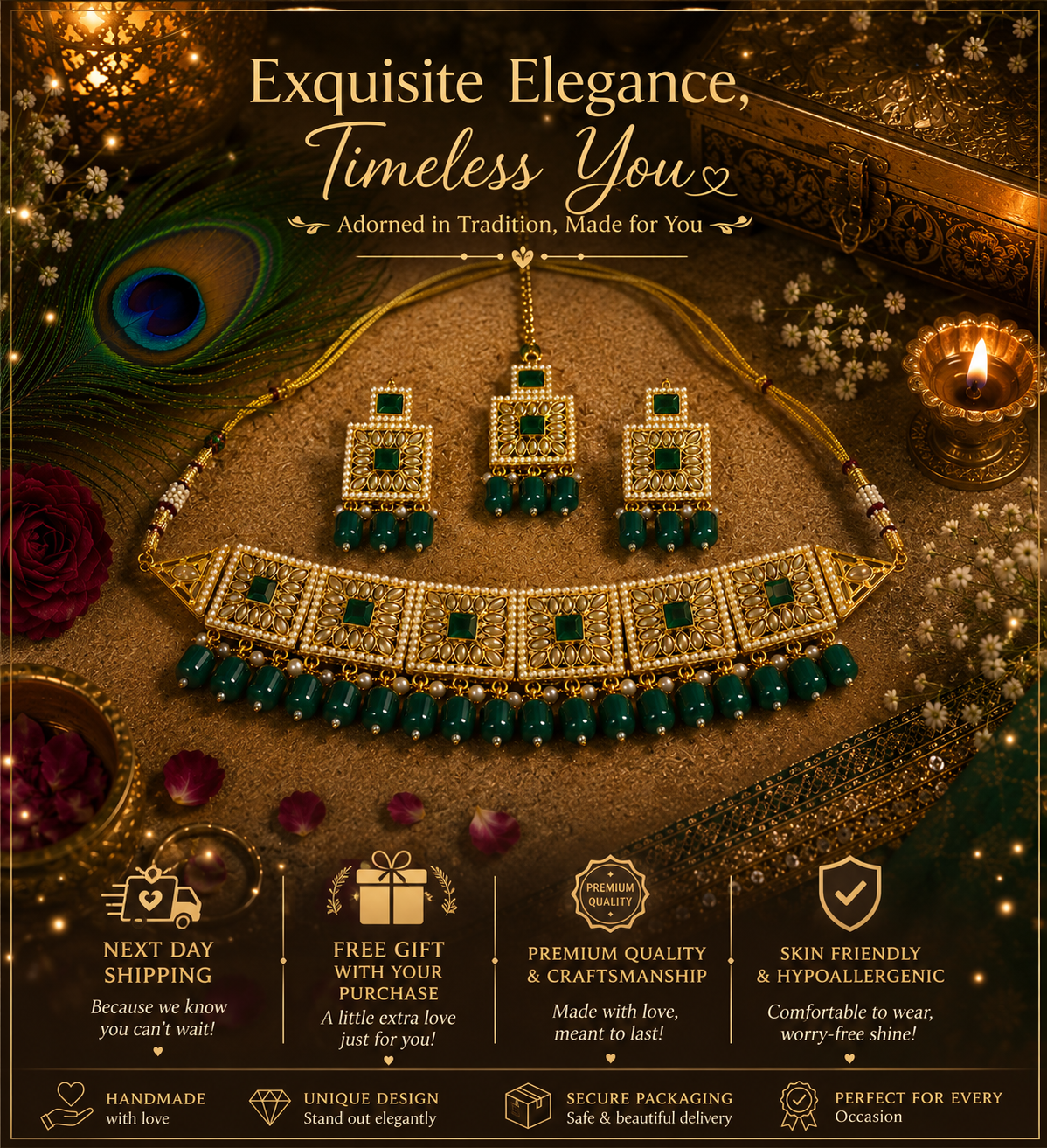 Green Pearl & Kundan Necklace Set | Ethnic Jewellery for Women