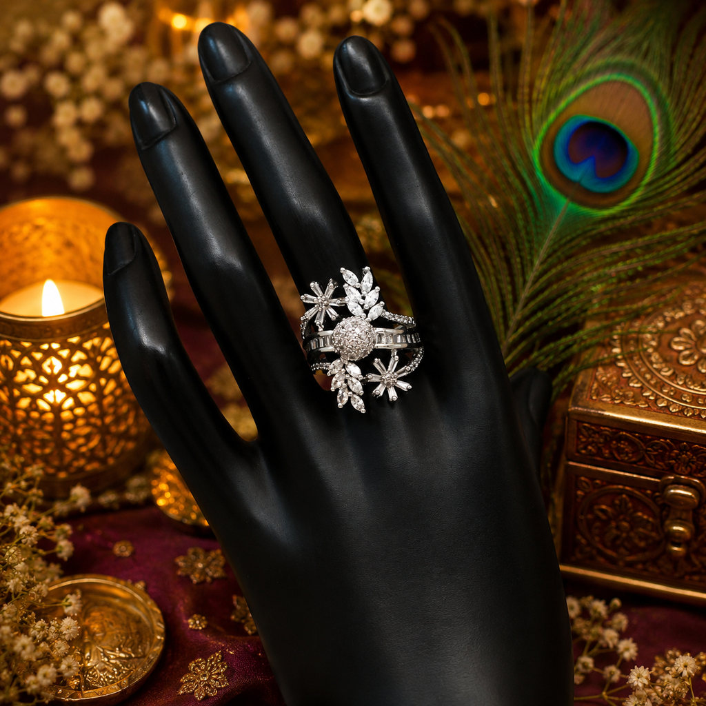 Celestial Bloom Crystal Ring, Luxury Adjustable CZ Statement Ring for Women | Silver Crystal Cocktail Ring