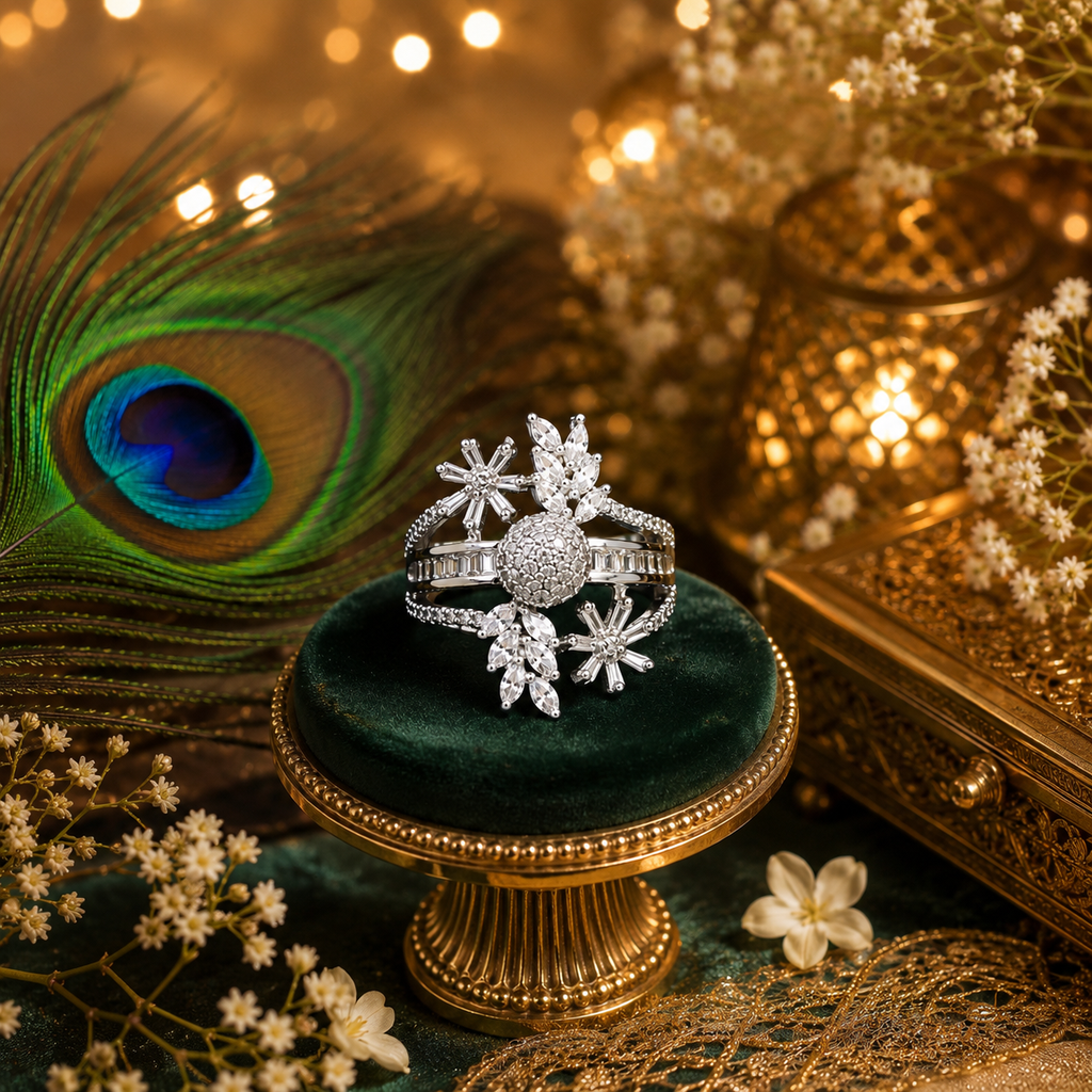 Celestial Bloom Crystal Ring, Luxury Adjustable CZ Statement Ring for Women | Silver Crystal Cocktail Ring