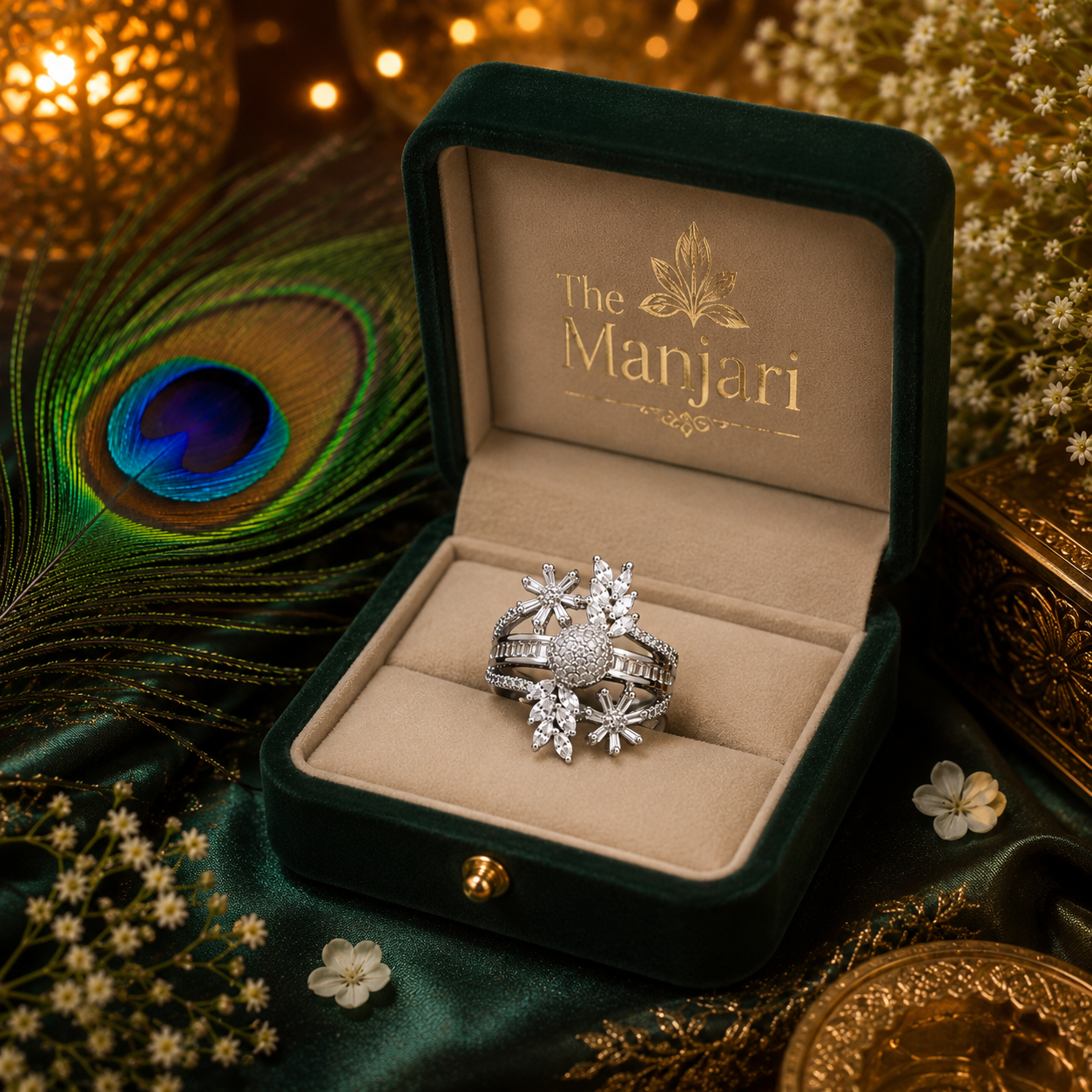 Celestial Bloom Crystal Ring, Luxury Adjustable CZ Statement Ring for Women | Silver Crystal Cocktail Ring