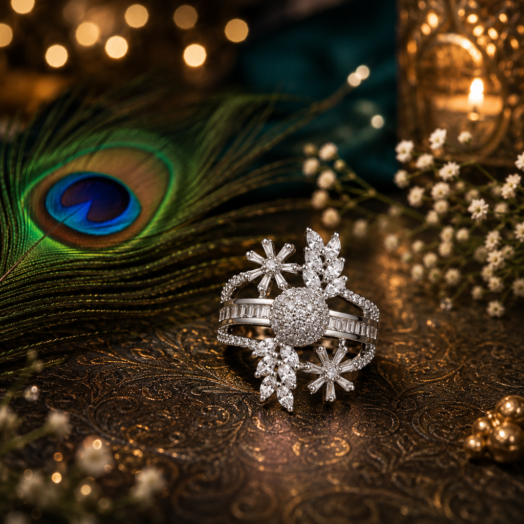 Celestial Bloom Crystal Ring, Luxury Adjustable CZ Statement Ring for Women | Silver Crystal Cocktail Ring