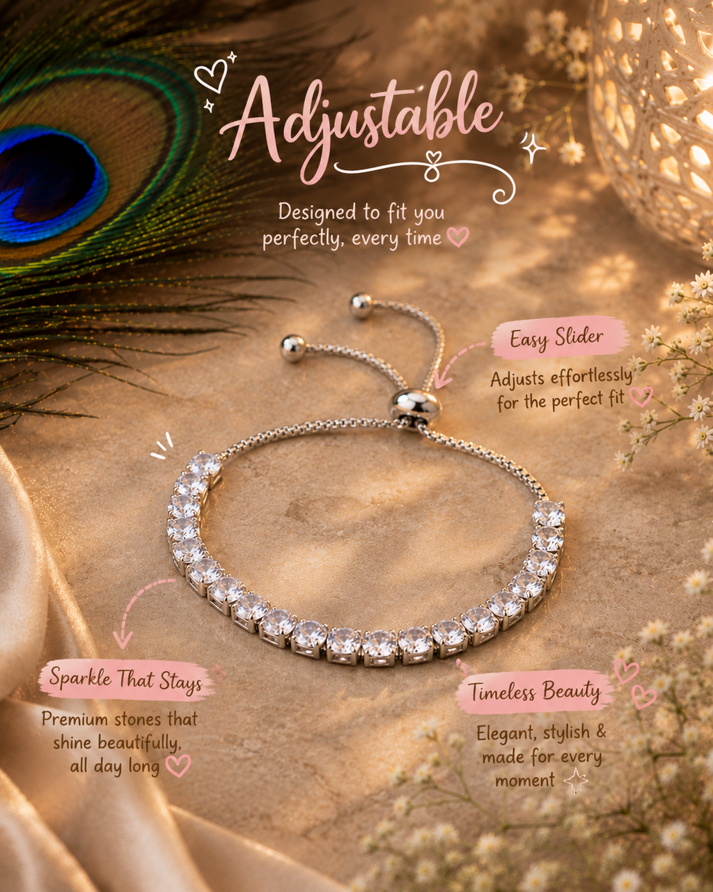 Luxury Crystal Tennis Bracelet for Women | Adjustable Silver CZ Bracelet | Celeste Crystal Tennis Bracelet