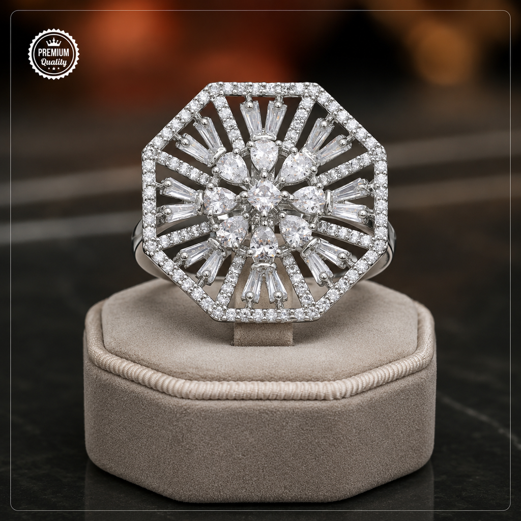Luxury Crystal Statement Ring for Women | Adjustable Silver CZ Cocktail Ring | The Manjari