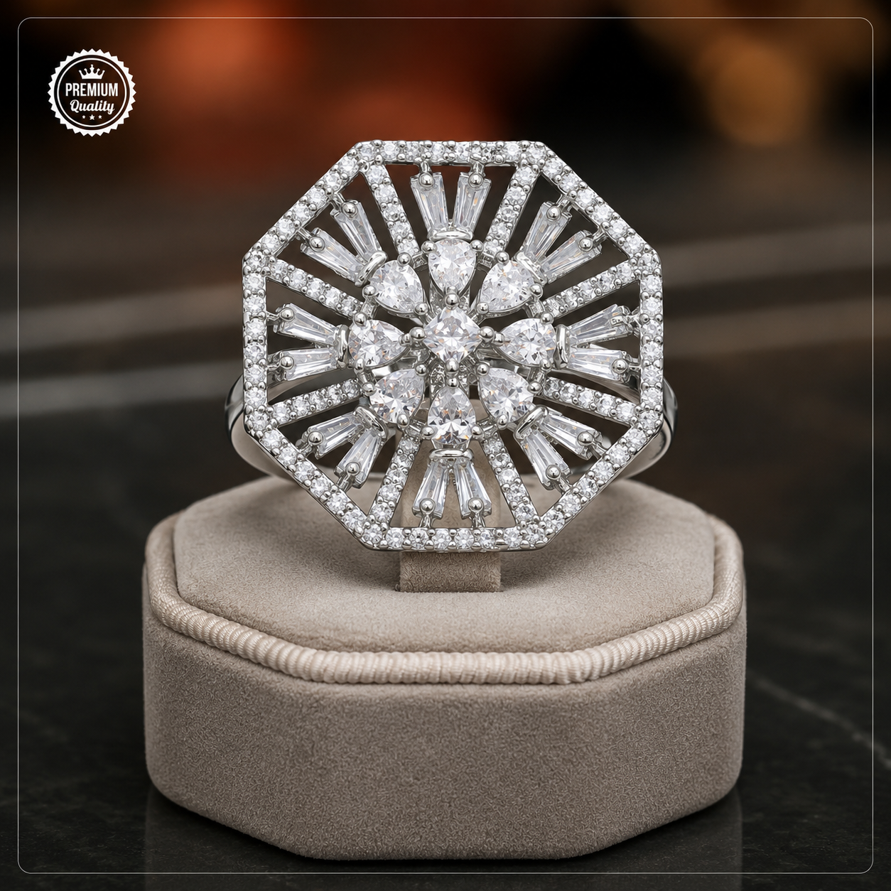 Luxury Crystal Statement Ring for Women | Adjustable Silver CZ Cocktail Ring | The Manjari