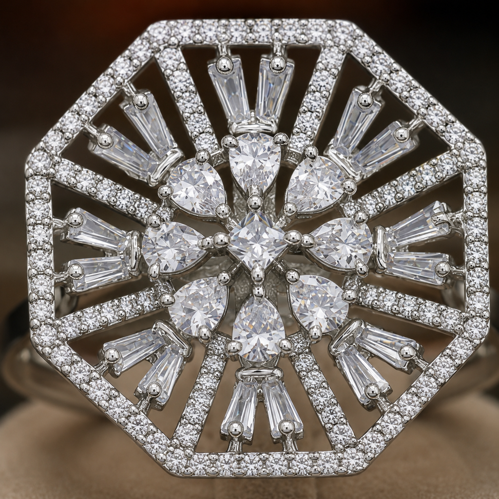 Luxury Crystal Statement Ring for Women | Adjustable Silver CZ Cocktail Ring | The Manjari