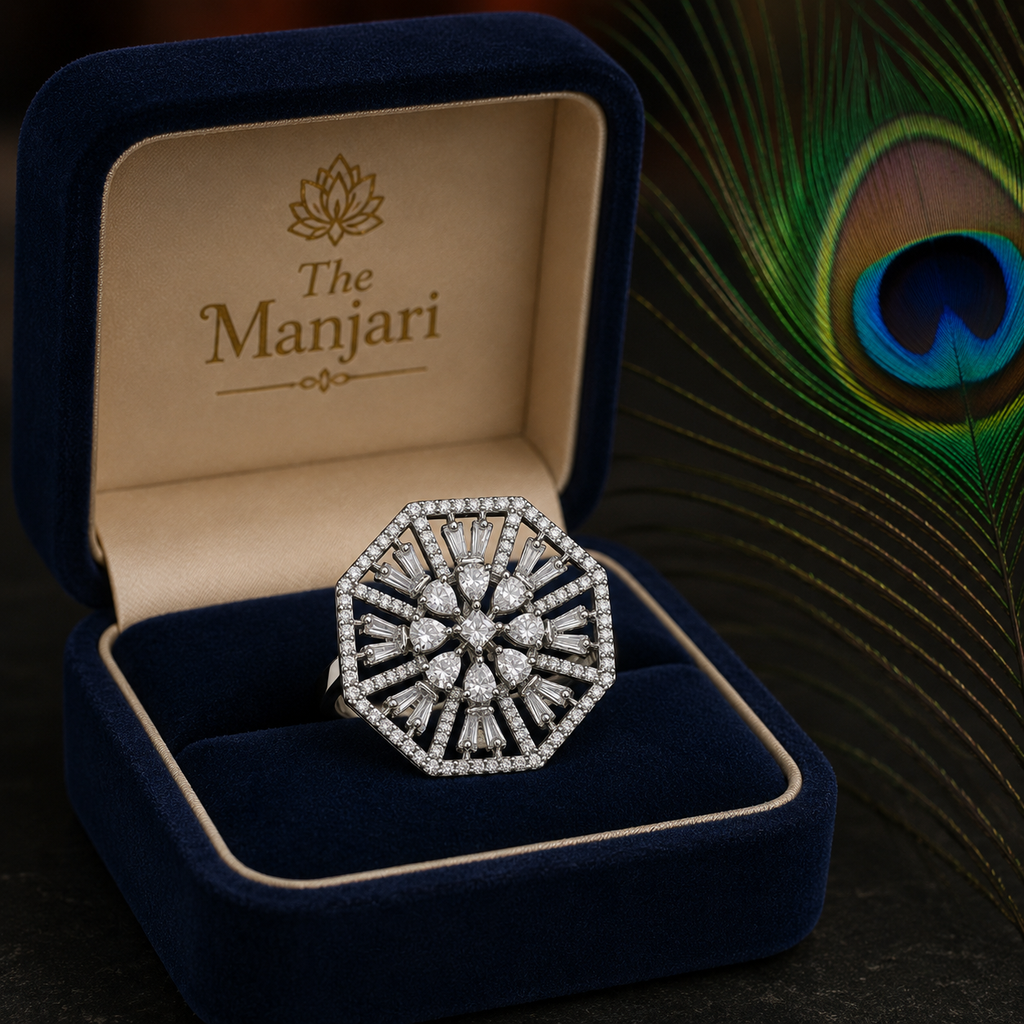 Luxury Crystal Statement Ring for Women | Adjustable Silver CZ Cocktail Ring | The Manjari