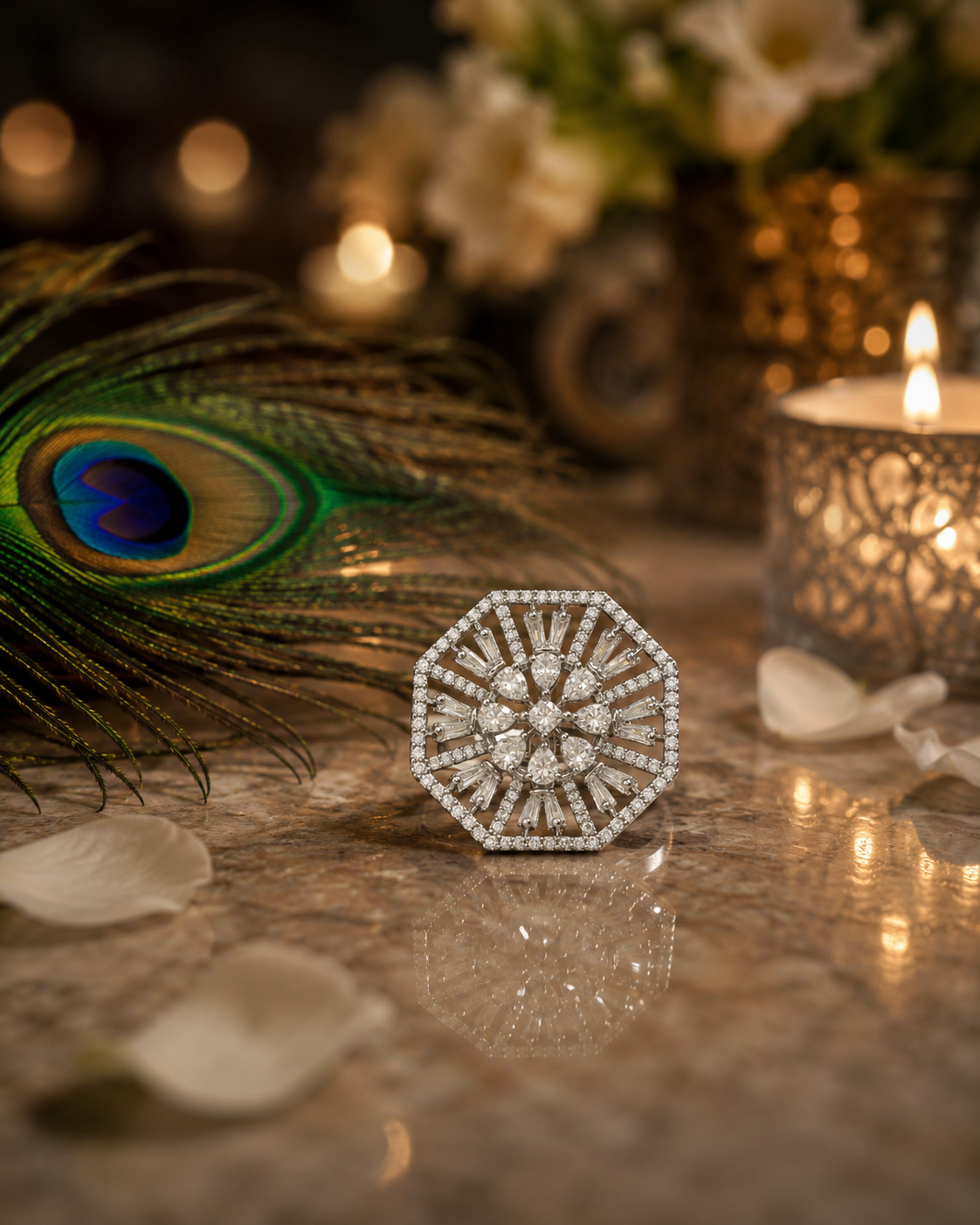 Luxury Crystal Statement Ring for Women | Adjustable Silver CZ Cocktail Ring | The Manjari