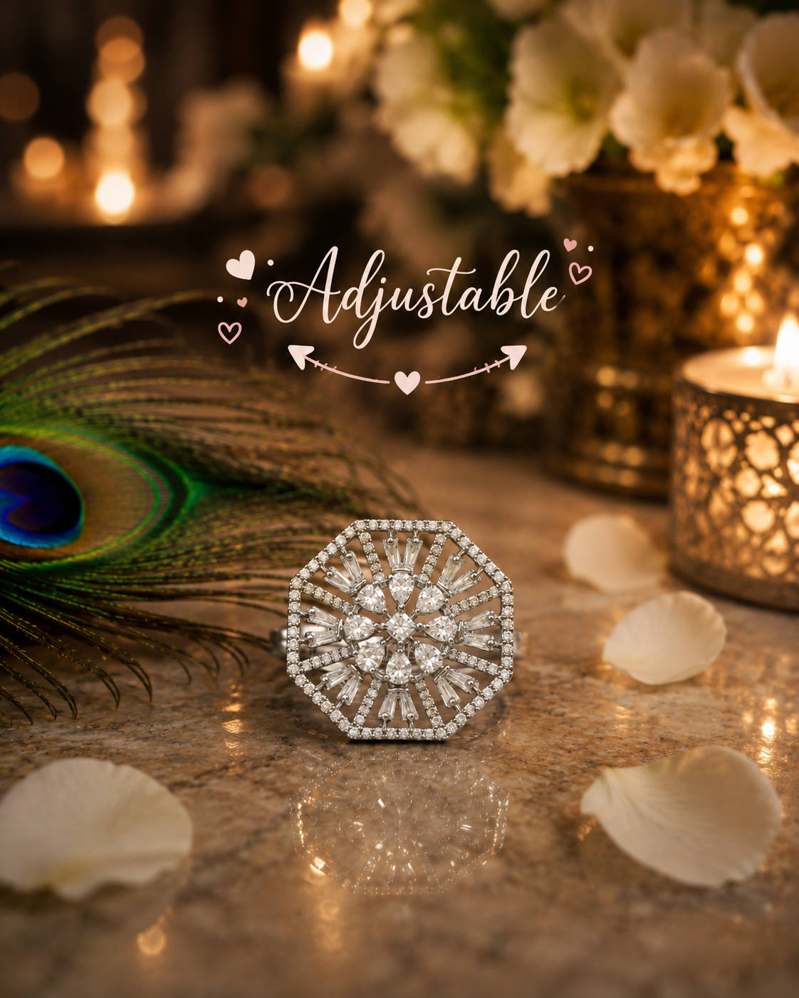 Luxury Crystal Statement Ring for Women | Adjustable Silver CZ Cocktail Ring | The Manjari