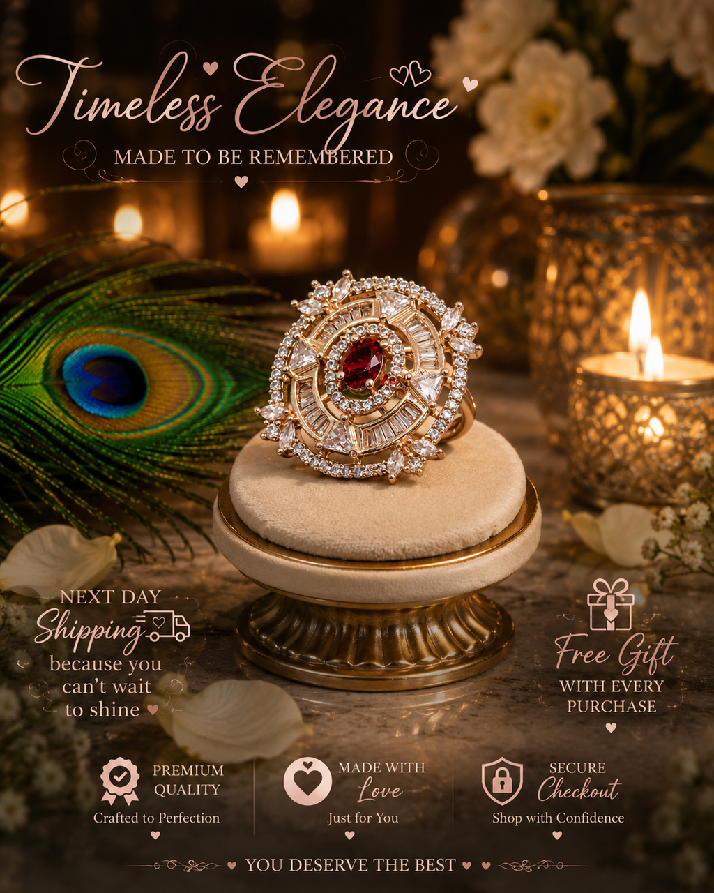 Ruby Crystal Statement Ring for Women | Rose Gold Adjustable Cocktail Ring | Luxury CZ Jewellery | The Manjari