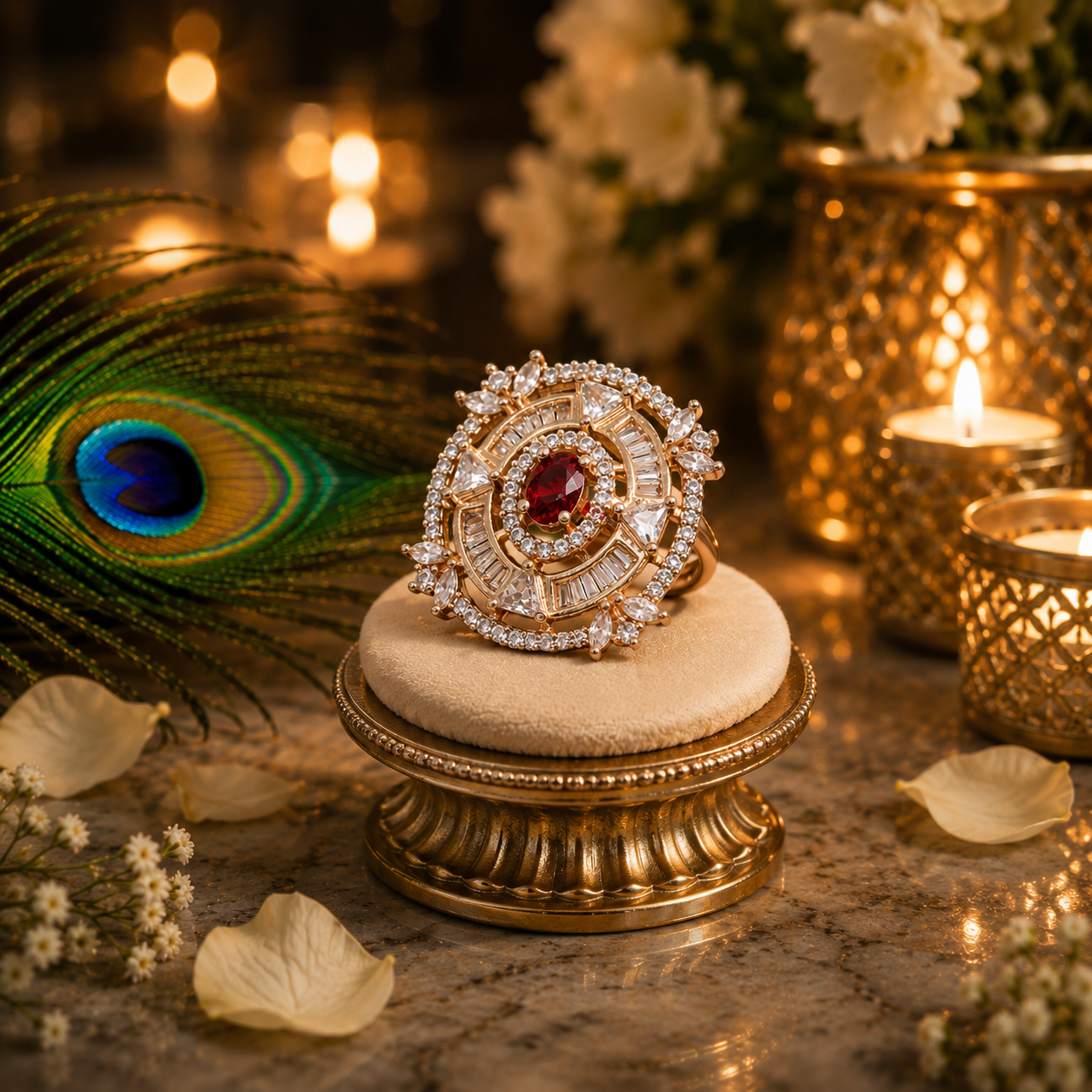 Ruby Crystal Statement Ring for Women | Rose Gold Adjustable Cocktail Ring | Luxury CZ Jewellery | The Manjari