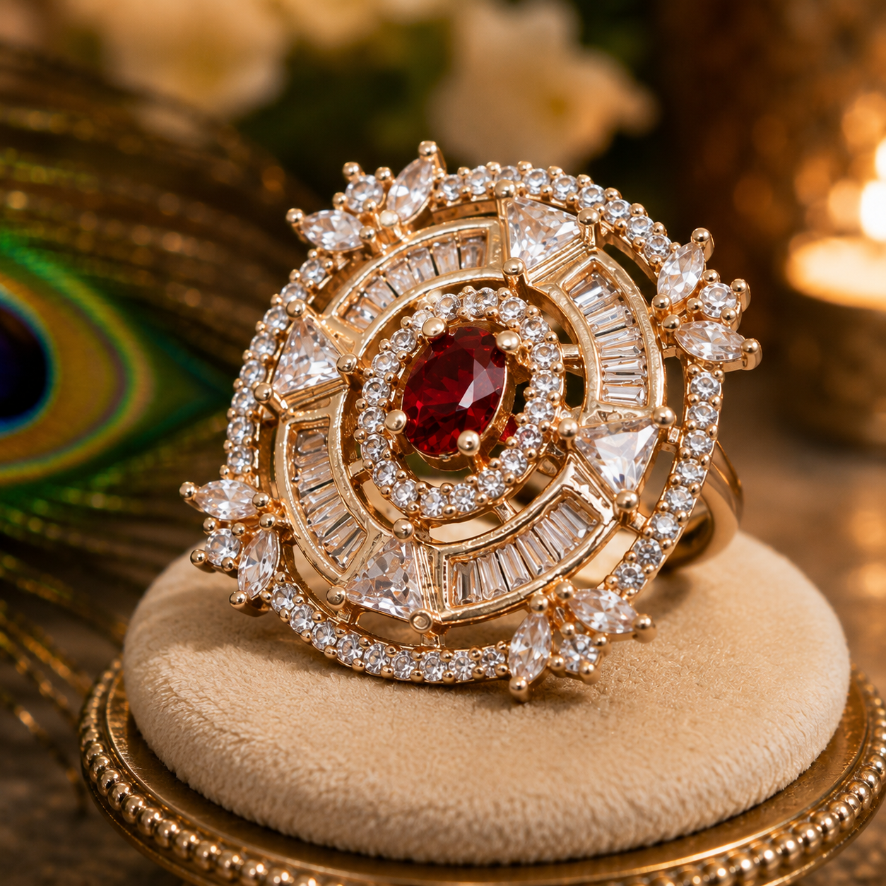 Ruby Crystal Statement Ring for Women | Rose Gold Adjustable Cocktail Ring | Luxury CZ Jewellery | The Manjari