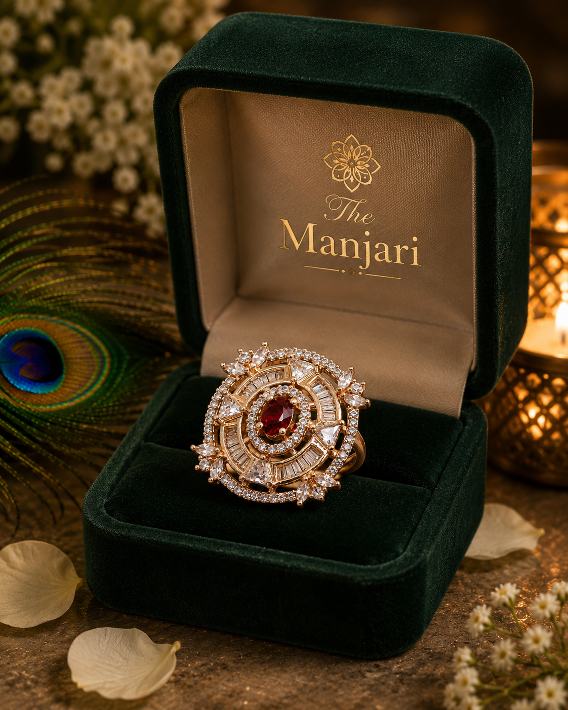 Ruby Crystal Statement Ring for Women | Rose Gold Adjustable Cocktail Ring | Luxury CZ Jewellery | The Manjari