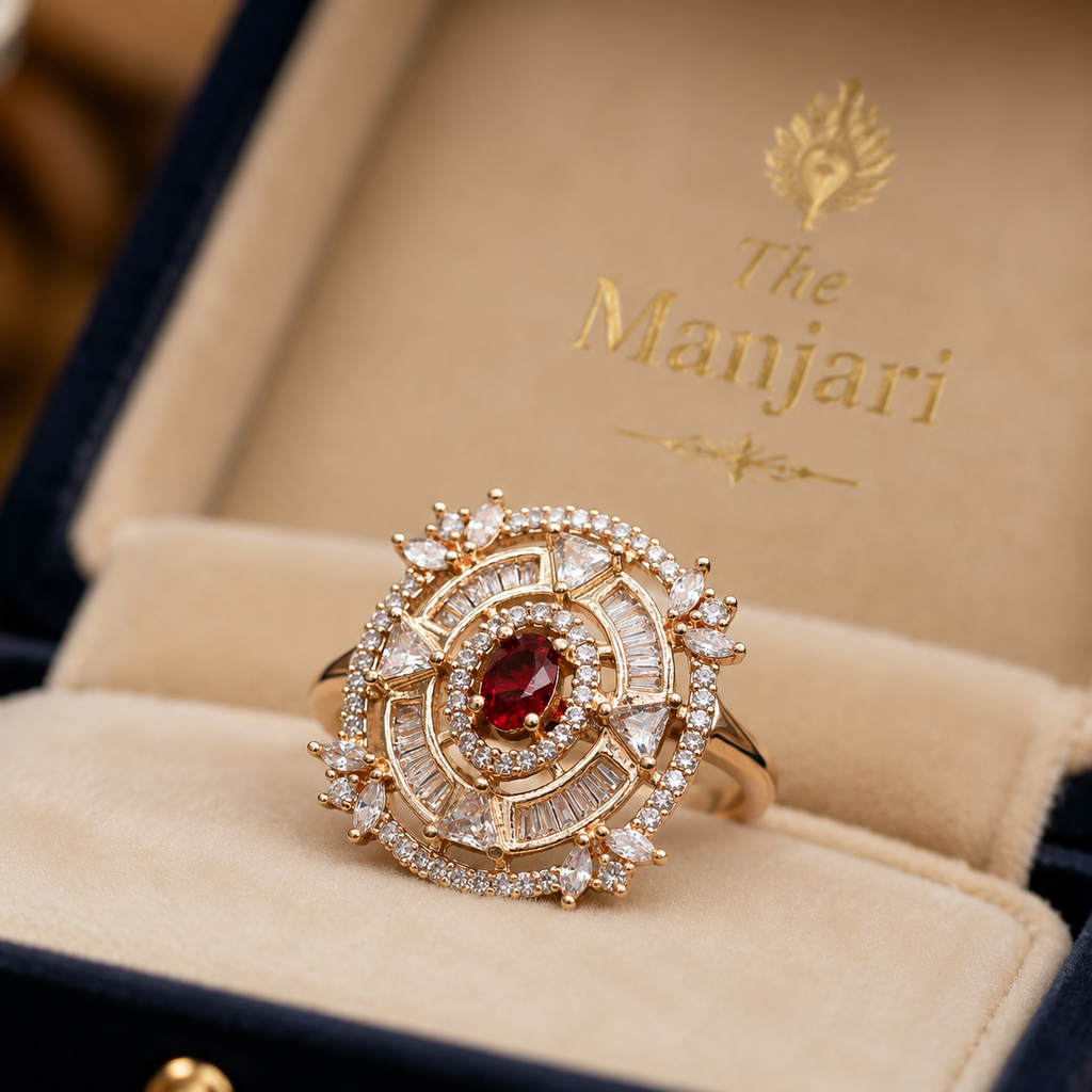 Ruby Crystal Statement Ring for Women | Rose Gold Adjustable Cocktail Ring | Luxury CZ Jewellery | The Manjari