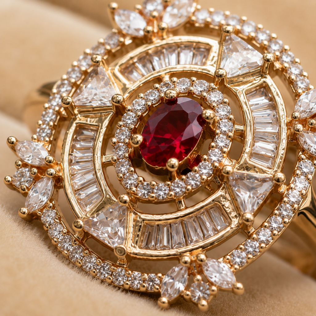 Ruby Crystal Statement Ring for Women | Rose Gold Adjustable Cocktail Ring | Luxury CZ Jewellery | The Manjari