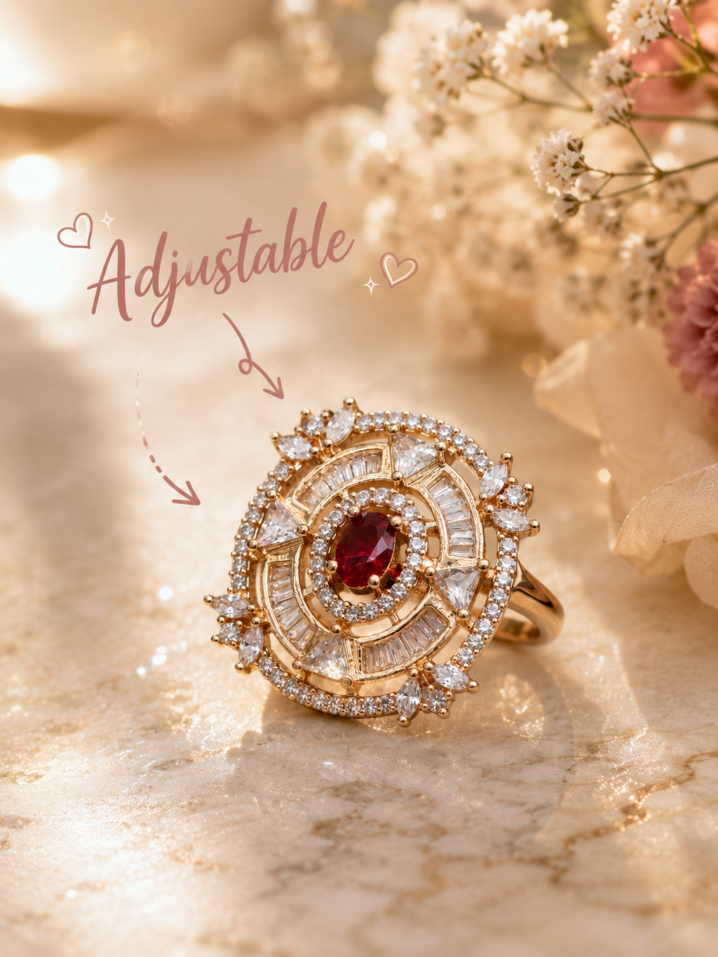 Ruby Crystal Statement Ring for Women | Rose Gold Adjustable Cocktail Ring | Luxury CZ Jewellery | The Manjari