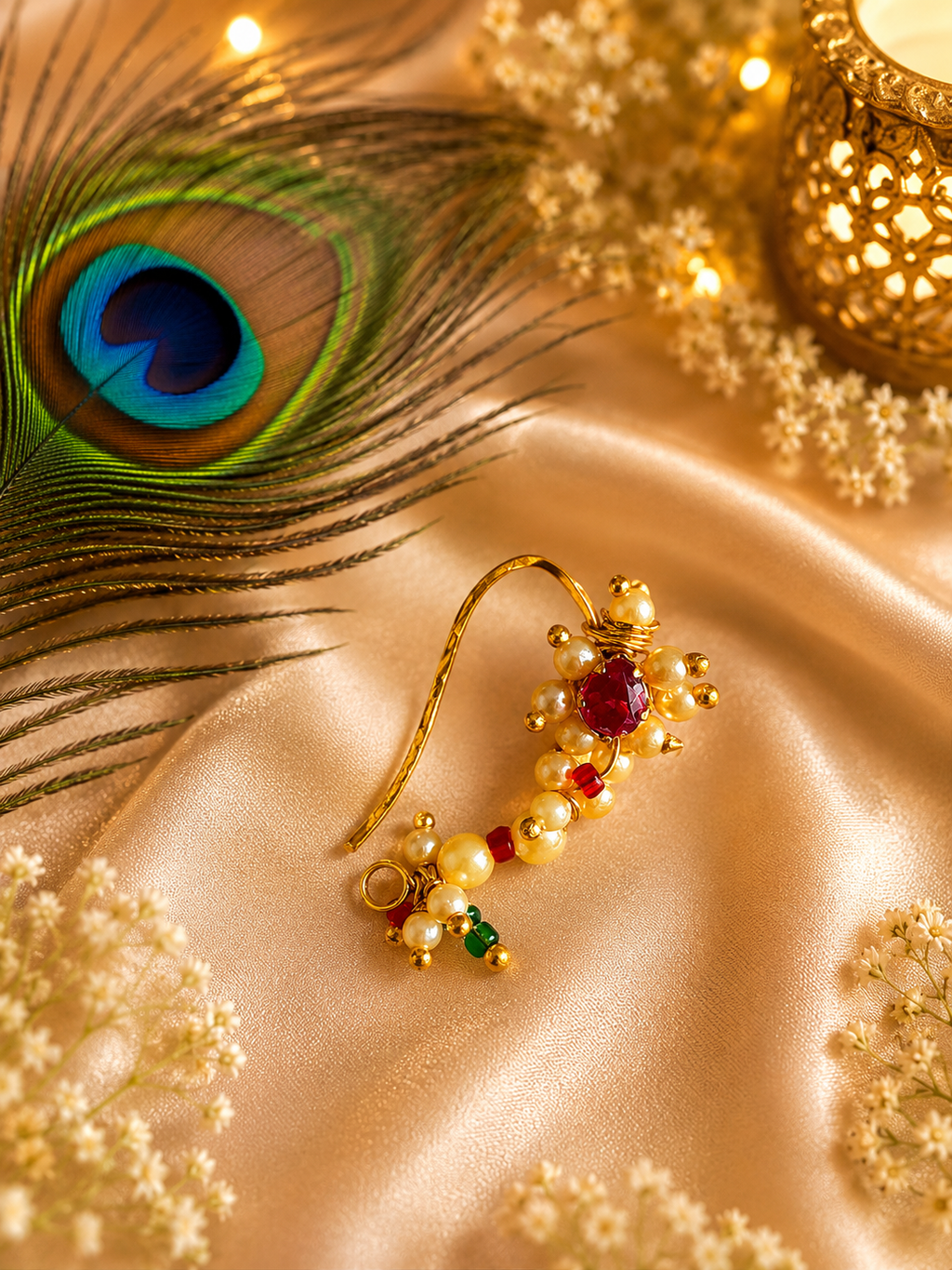 Pearl & Ruby Traditional Maharashtrian Nath Nose Pin
