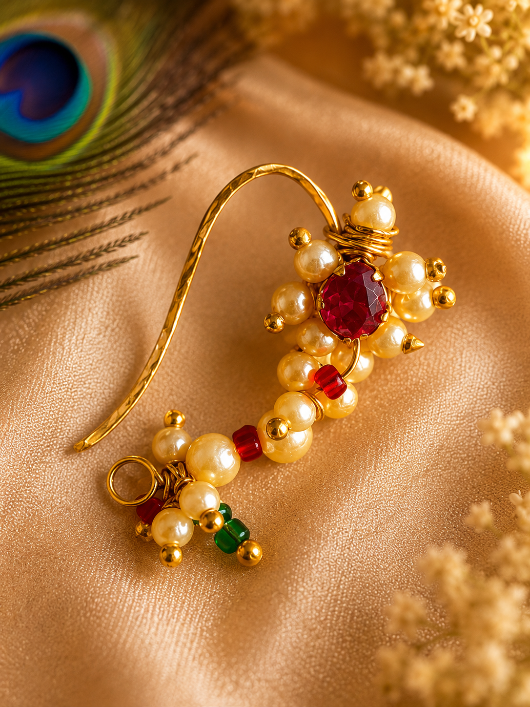 Pearl & Ruby Traditional Maharashtrian Nath Nose Pin