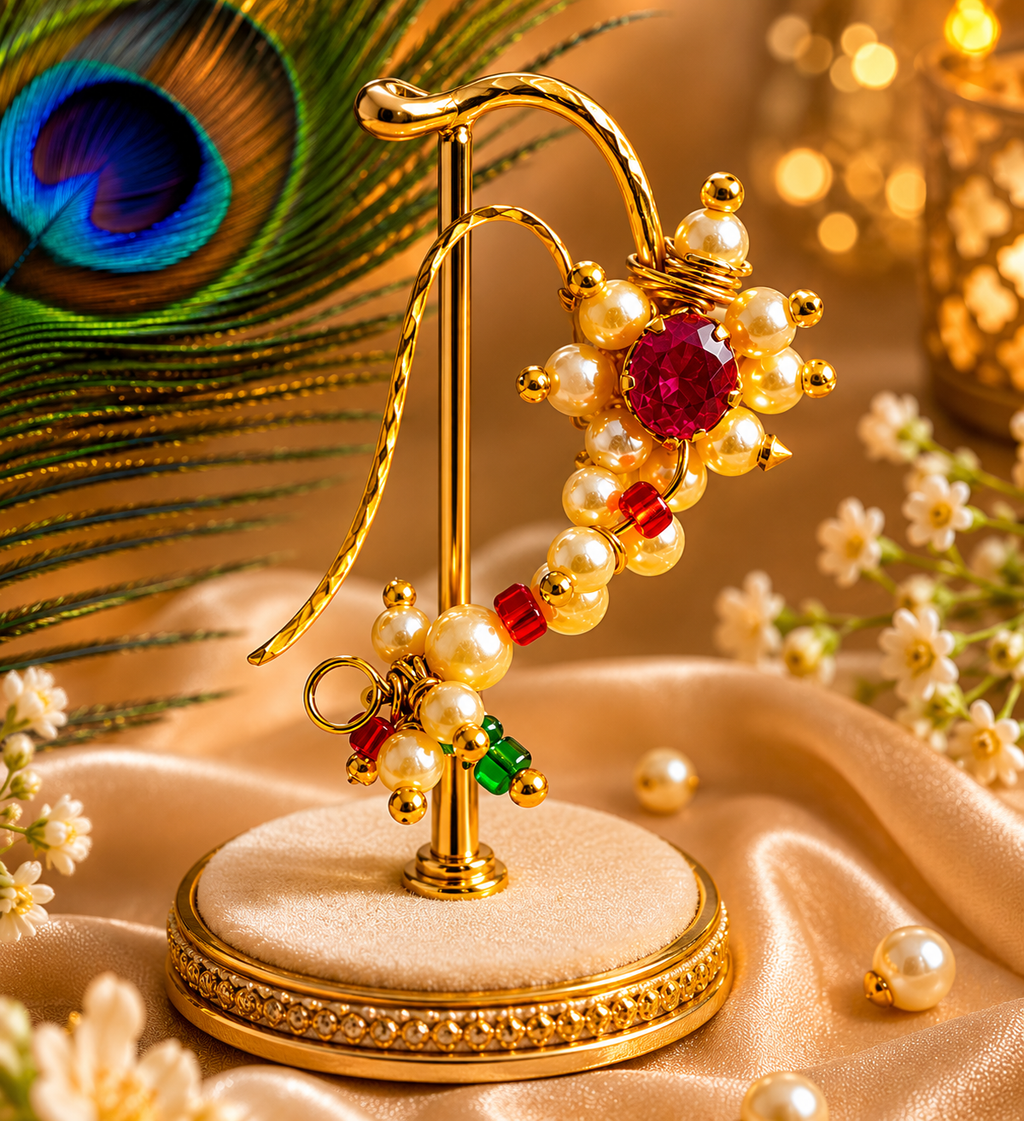 Pearl & Ruby Traditional Maharashtrian Nath Nose Pin