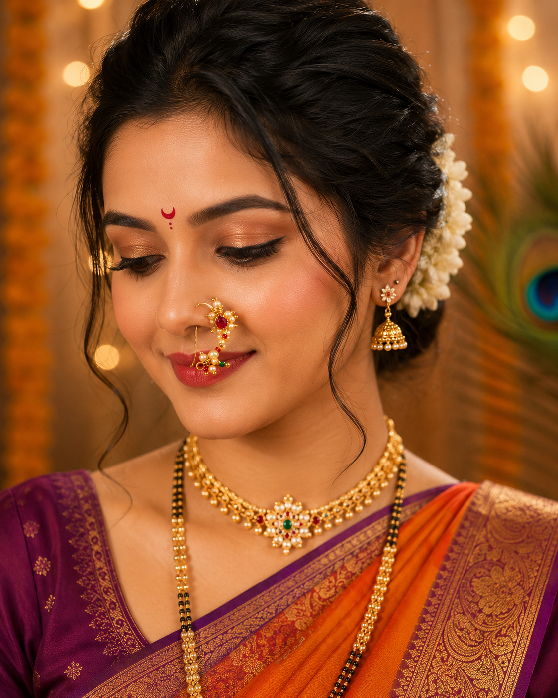 Pearl & Ruby Traditional Maharashtrian Nath Nose Pin