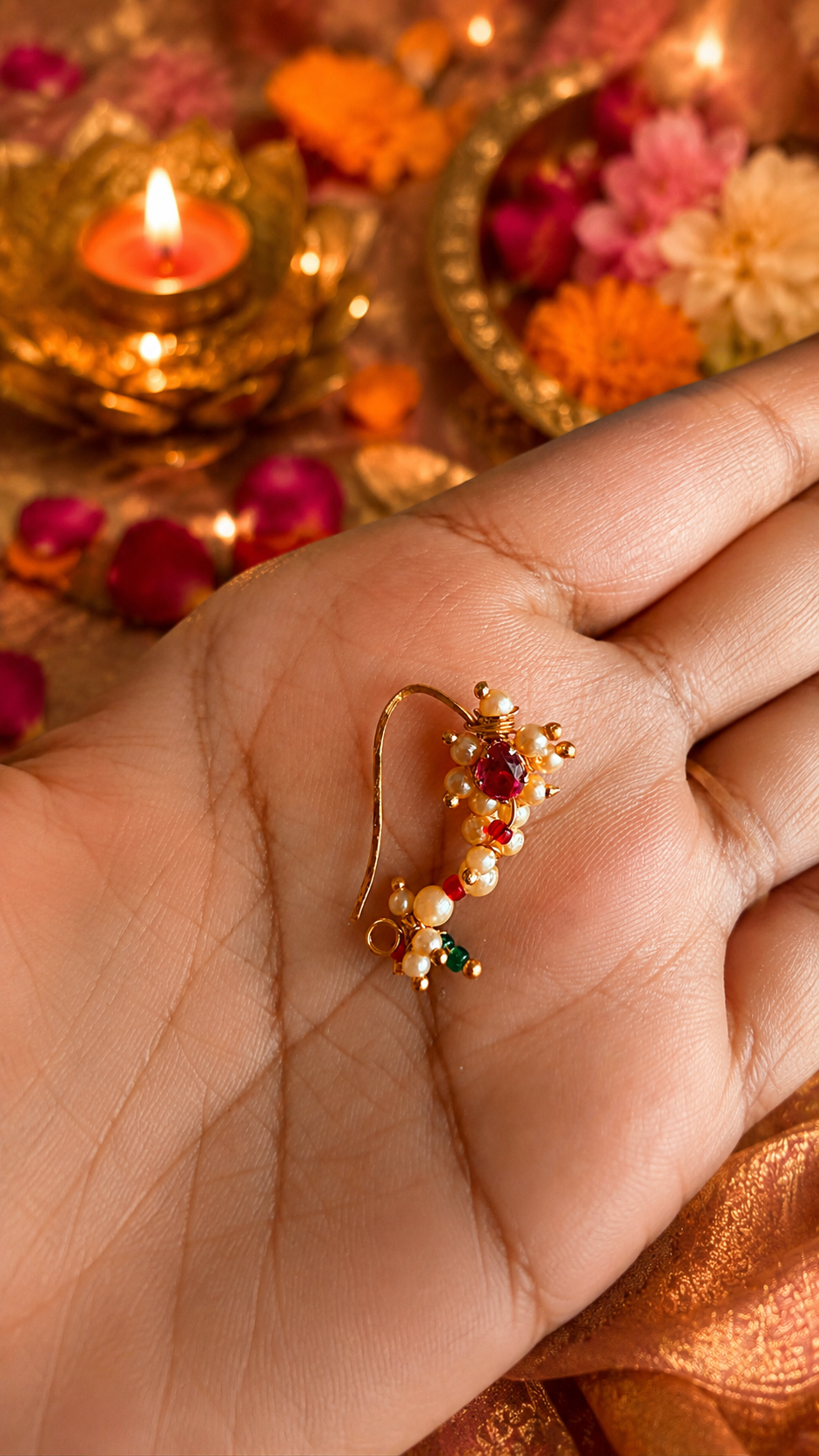 Pearl & Ruby Traditional Maharashtrian Nath Nose Pin