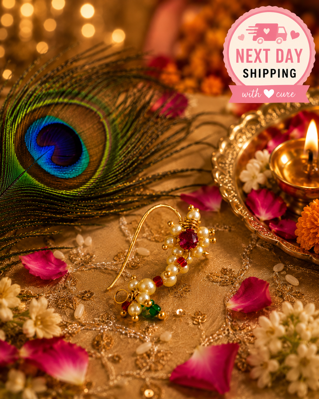 Pearl & Ruby Traditional Maharashtrian Nath Nose Pin