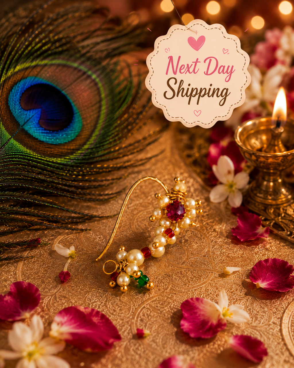 Pearl & Ruby Traditional Maharashtrian Nath Nose Pin