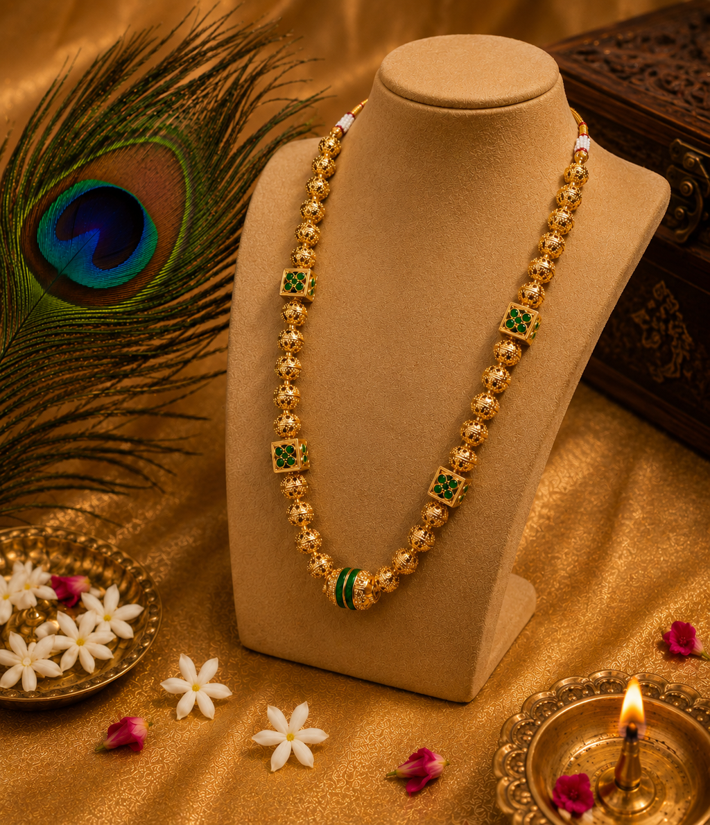 Traditional Green Beaded Necklace Set with Matching Earrings