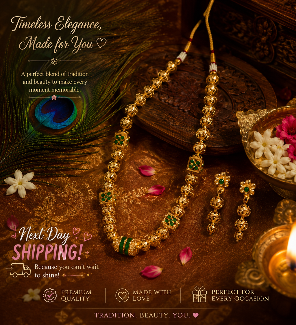 Traditional Green Beaded Necklace Set with Matching Earrings