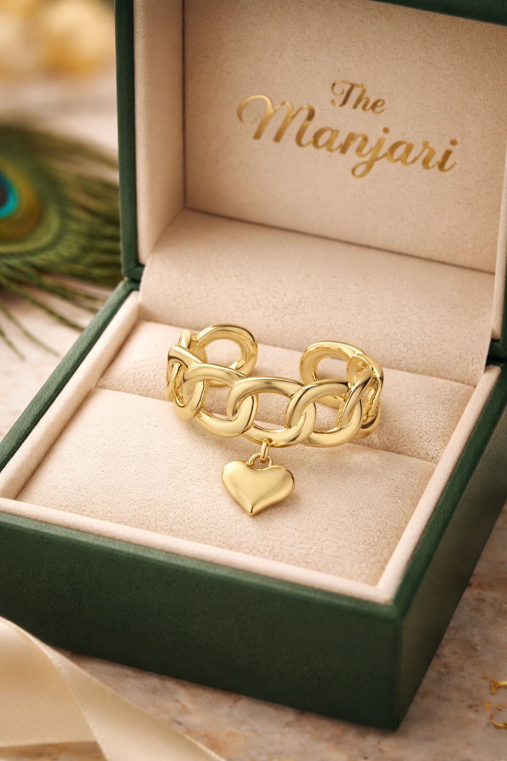Gold Chunky Chain Ring with Heart Charm