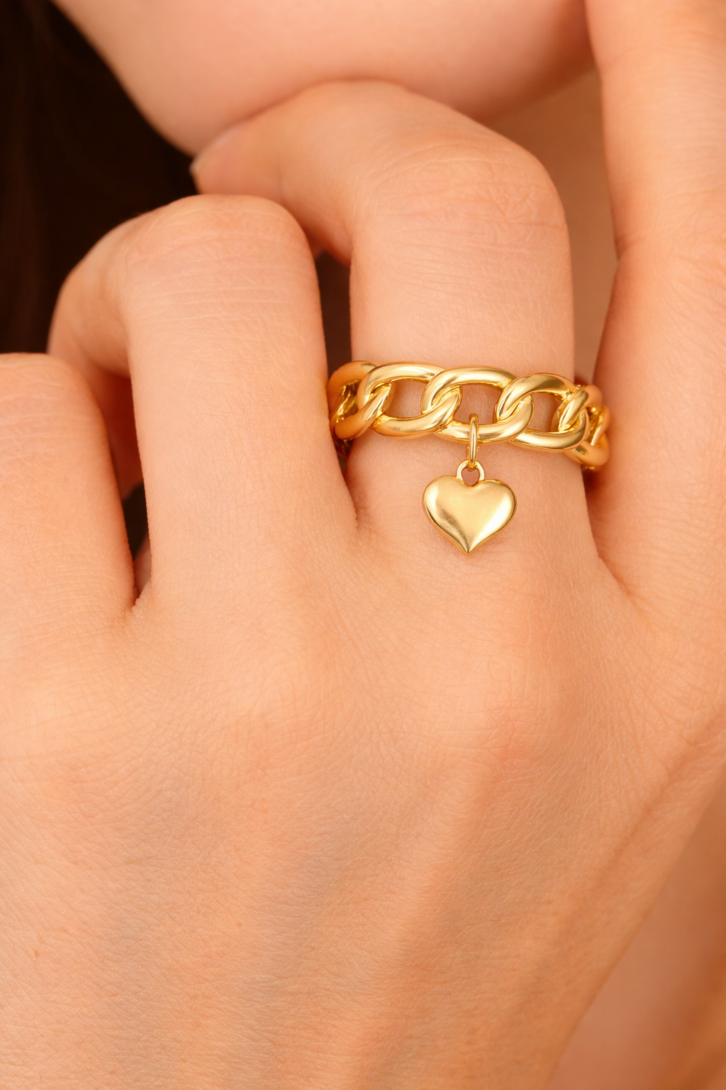 Gold Chunky Chain Ring with Heart Charm