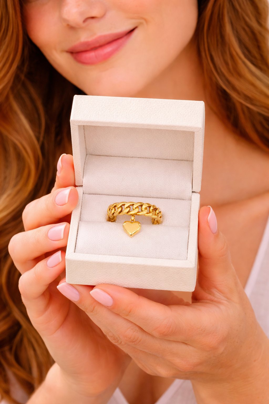 Gold Chunky Chain Ring with Heart Charm