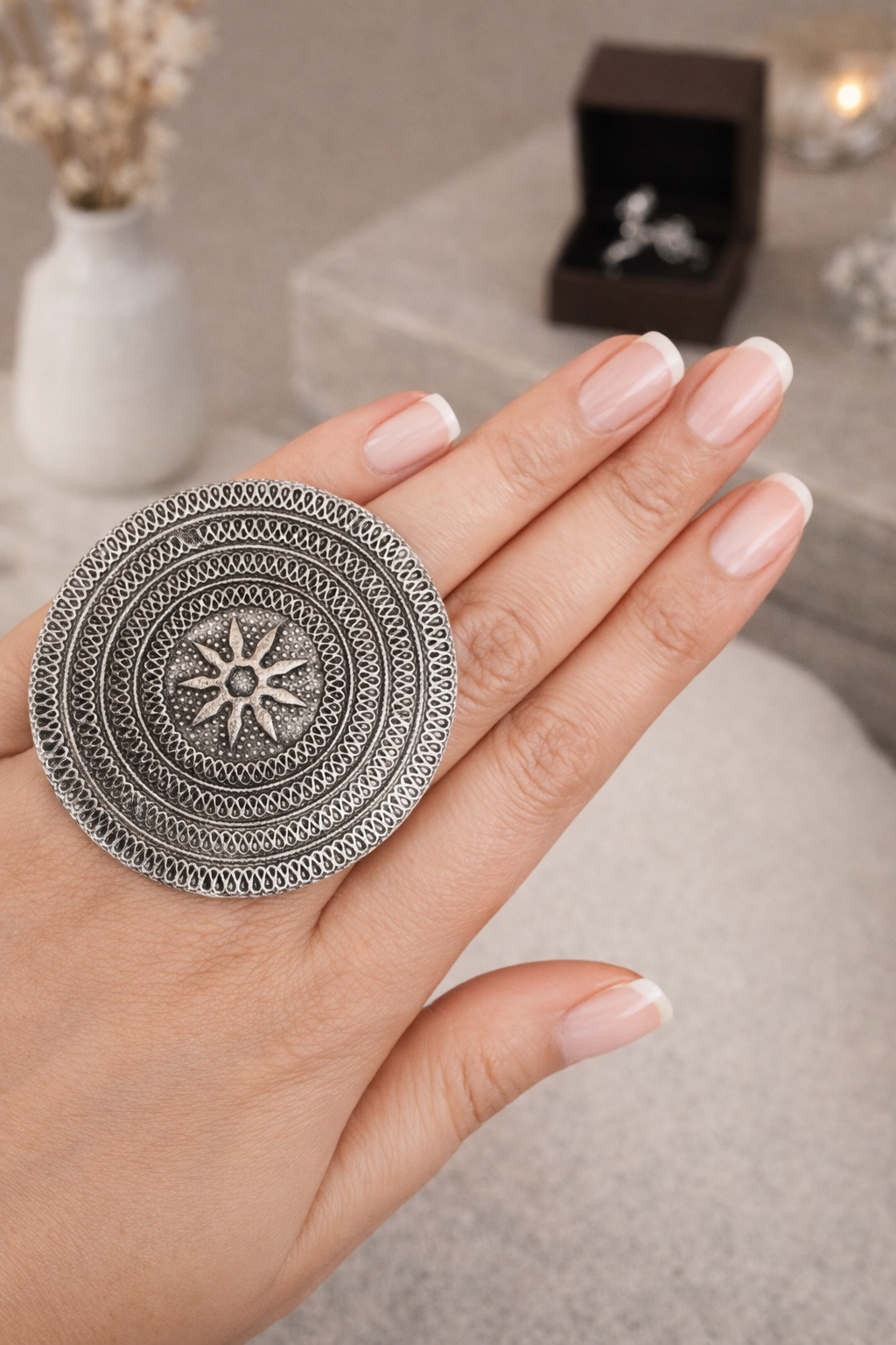 Oversized Mandala Oxidised Ring