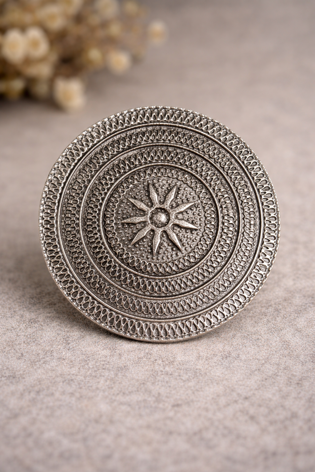 Oversized Mandala Oxidised Ring