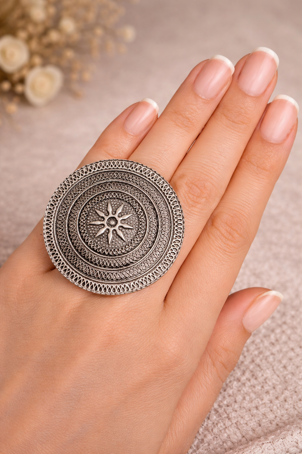 Oversized Mandala Oxidised Ring