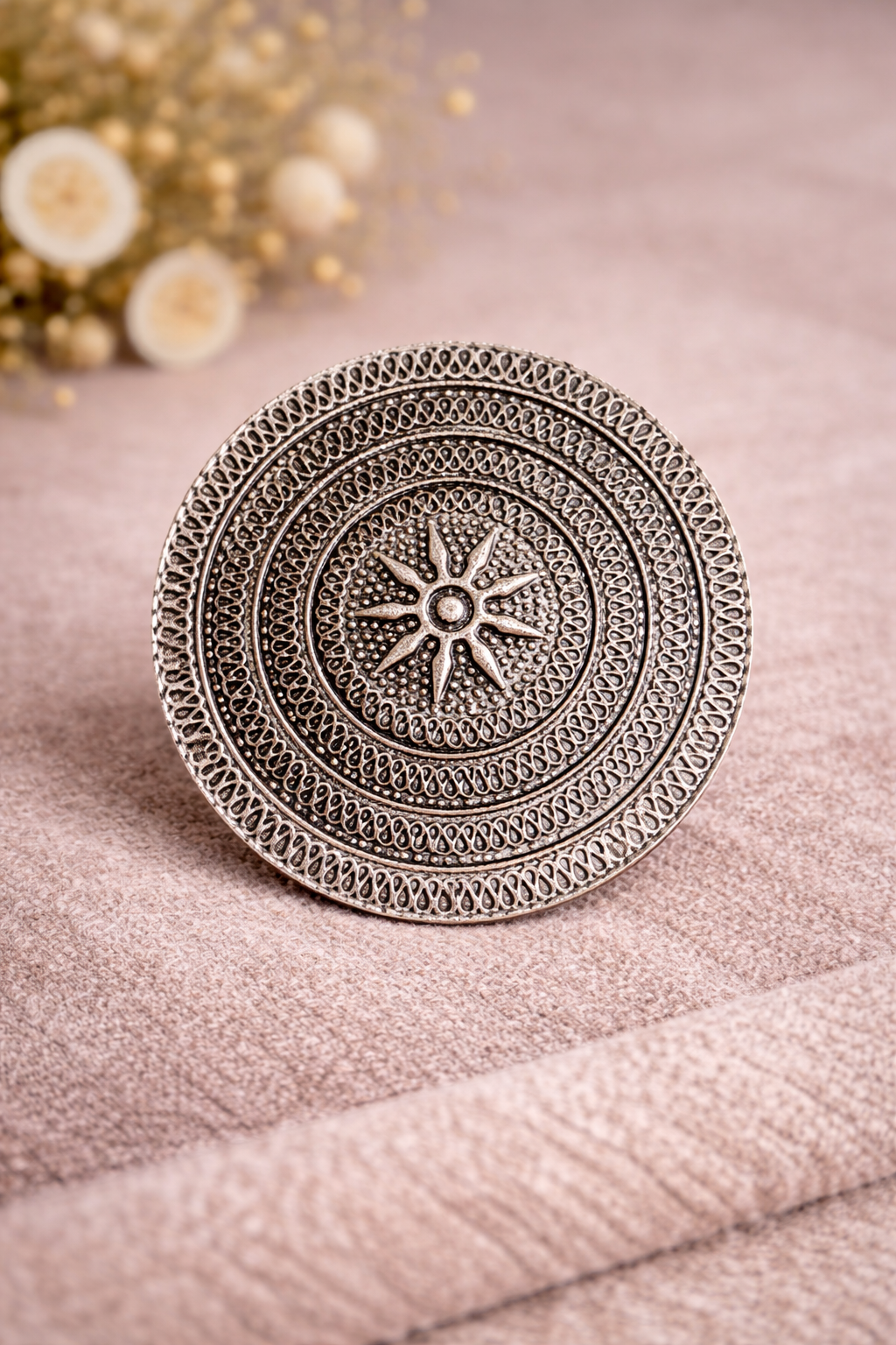 Oversized Mandala Oxidised Ring