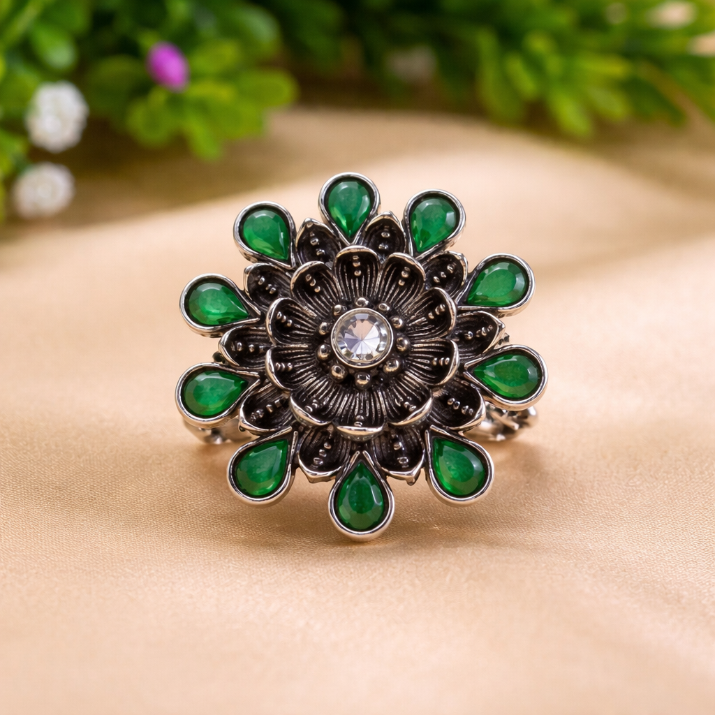 Oxidised Floral Statement Ring