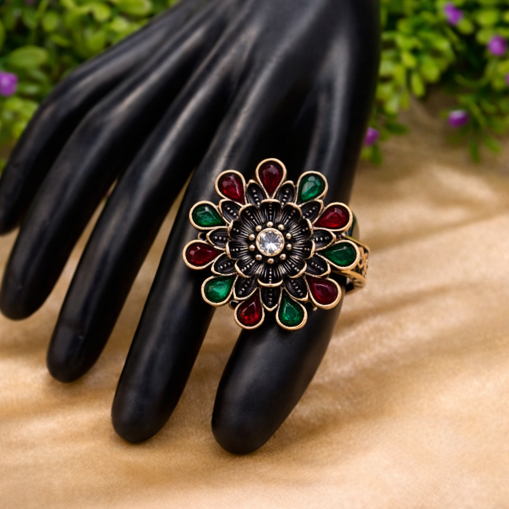 Oxidised Floral Statement Ring