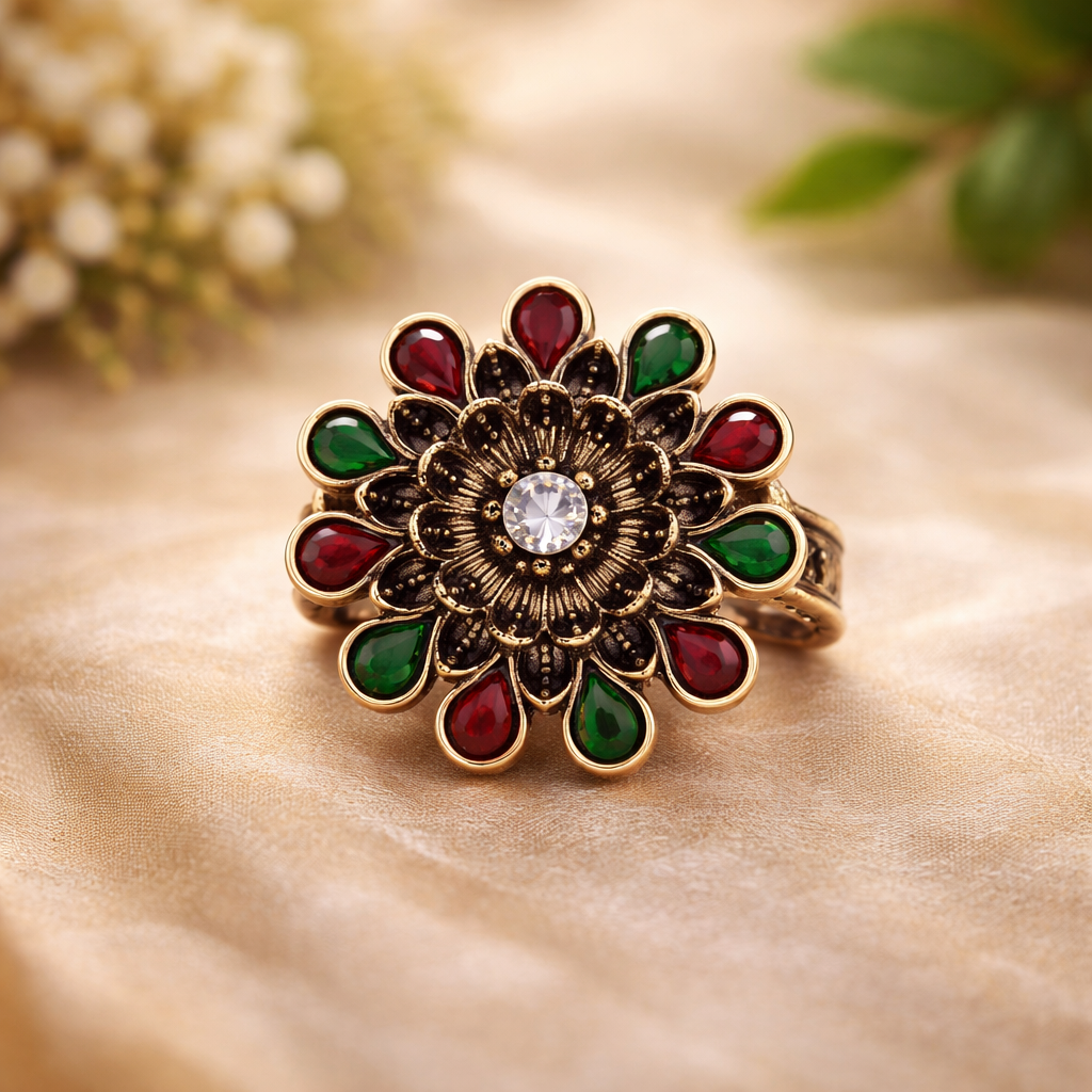 Oxidised Floral Statement Ring
