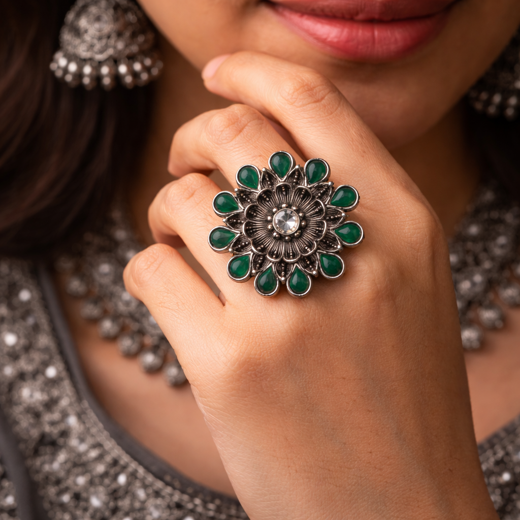 Oxidised Floral Statement Ring