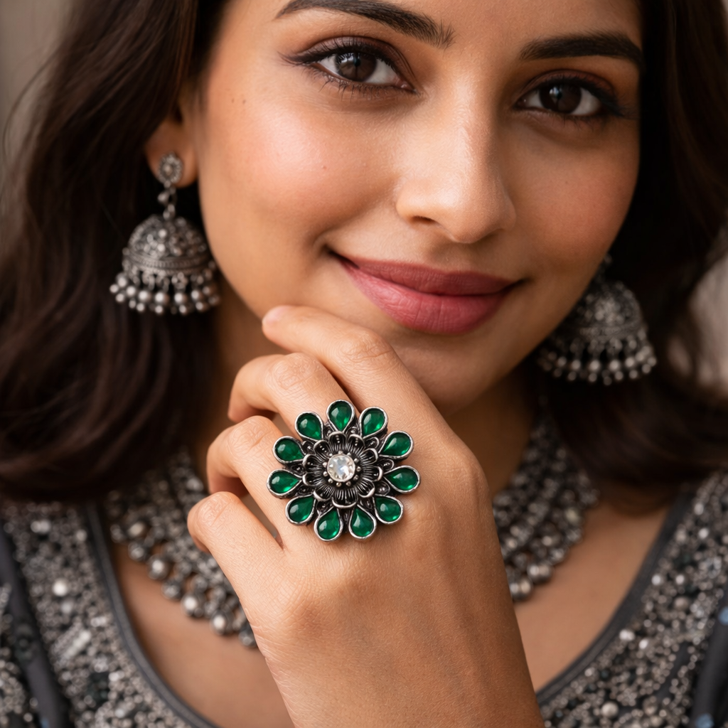 Oxidised Floral Statement Ring