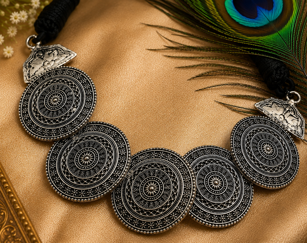 Oxidised Silver Disc Necklace Set